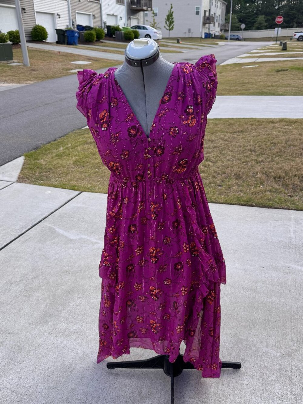 Ulla Johnson Ciel Floral Silk Dress in Magenta - Metallic Lurex Stripe